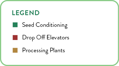 Legend - Seed conditioning, drop off elevators, processing plants